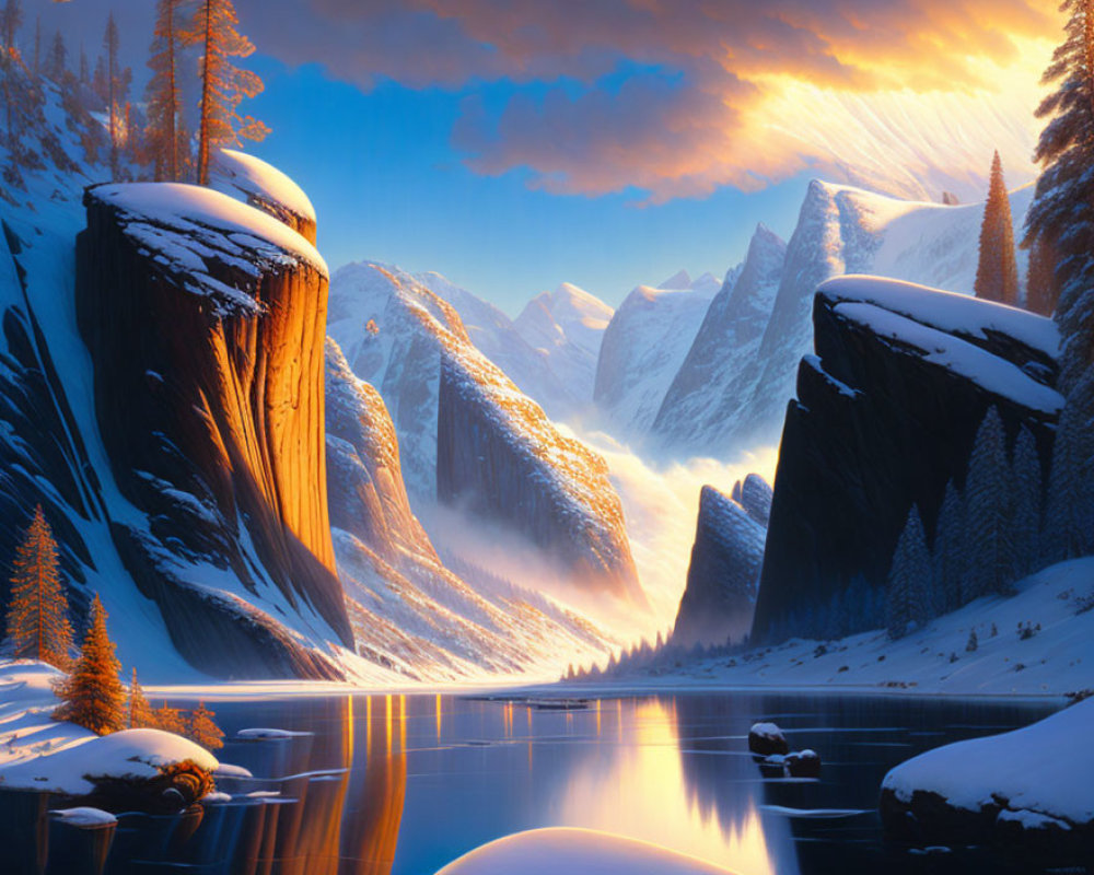 Mountain lake sunset with cliffs, snowy peaks, and pine trees reflecting golden hues