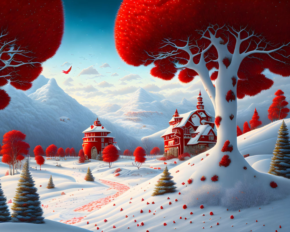Winter landscape with red-leafed trees, snowy hills, village, mountains, and red sky