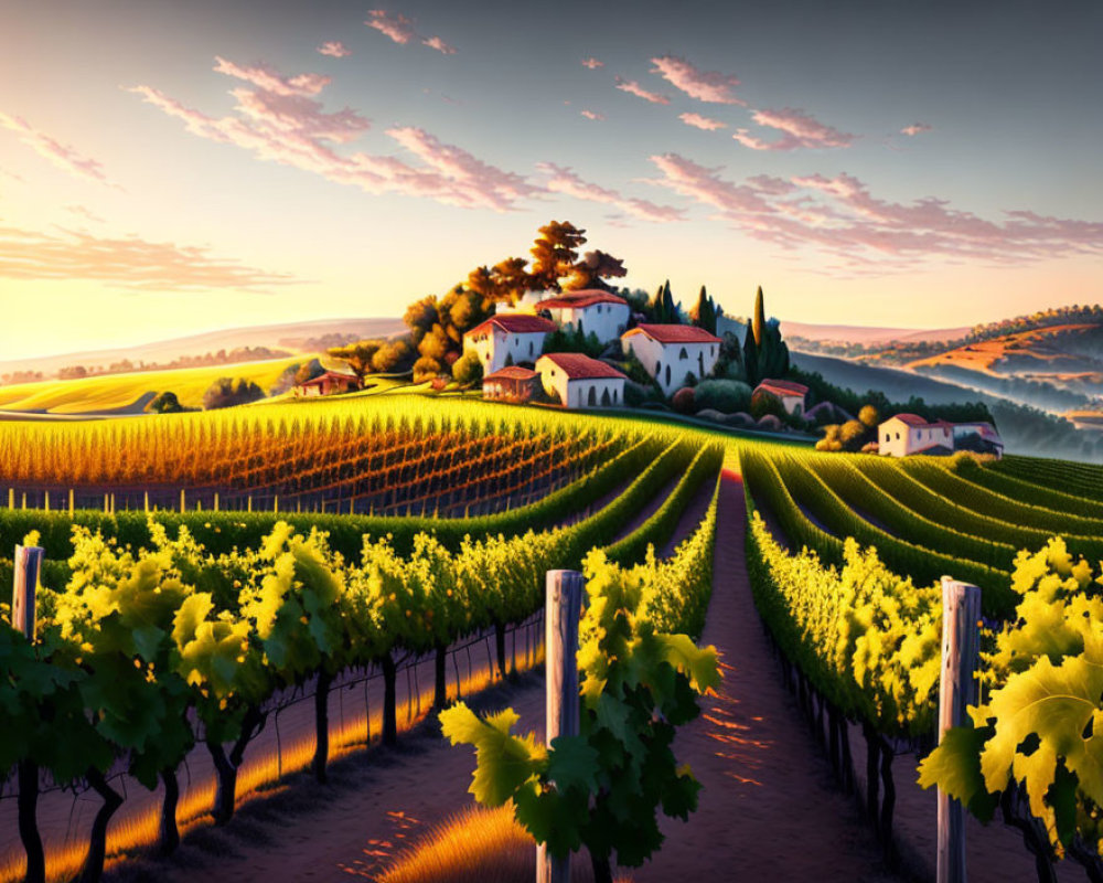 Picturesque Vineyard Sunset with Grapevines and Farmhouses
