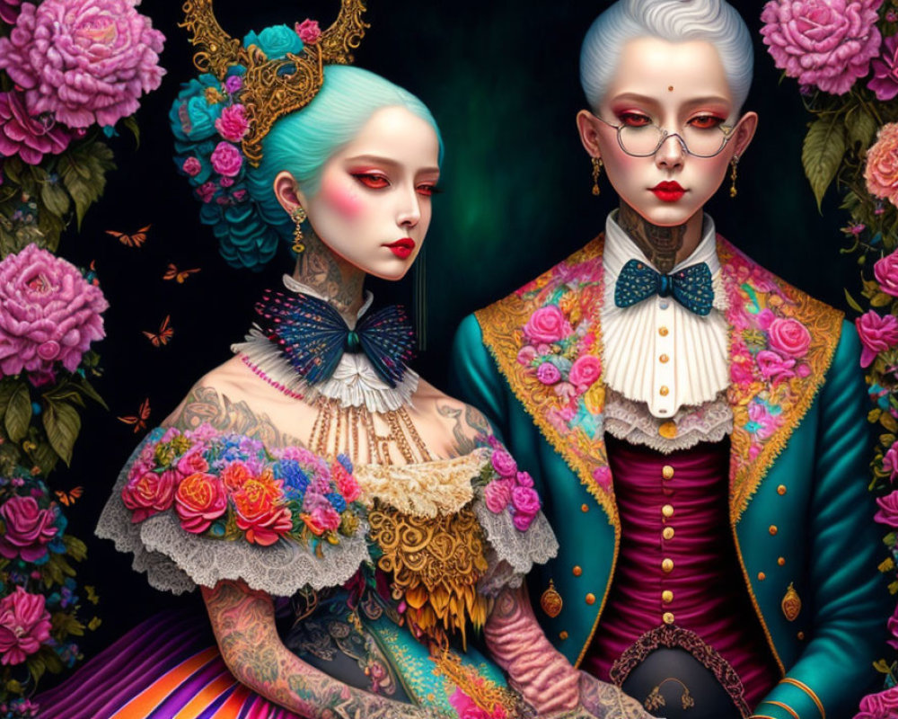Elaborately dressed, tattooed characters with intricate hairstyles among vibrant flowers on dark background