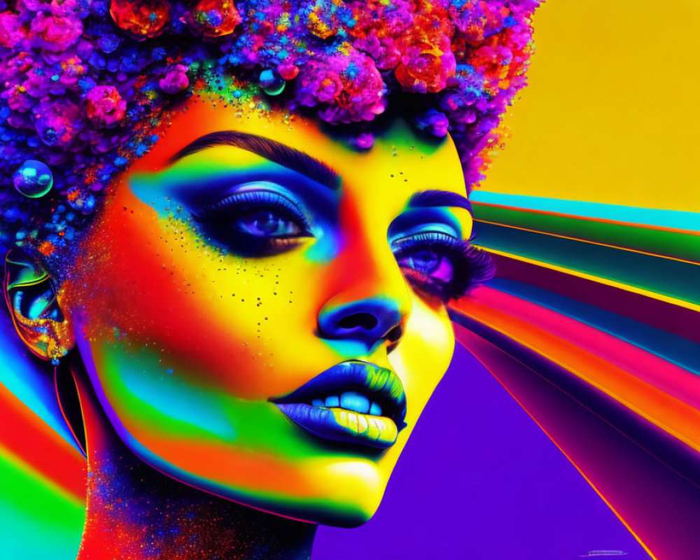 Colorful digital art: Woman with floral headpiece and rainbow eyes.