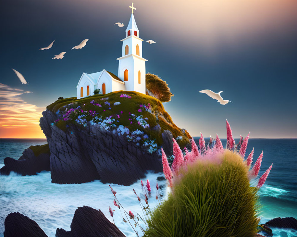 White church on cliff overlooking ocean at sunset with seagulls and pink flowers