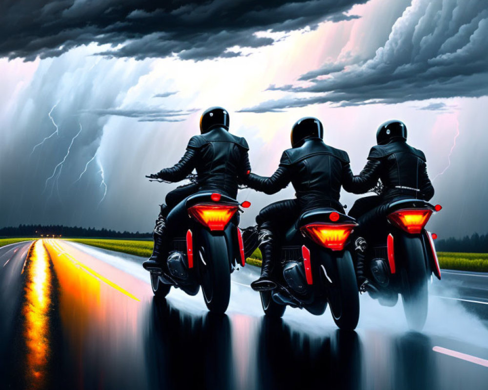 Three motorcyclists in black on wet road under stormy sky with lightning.