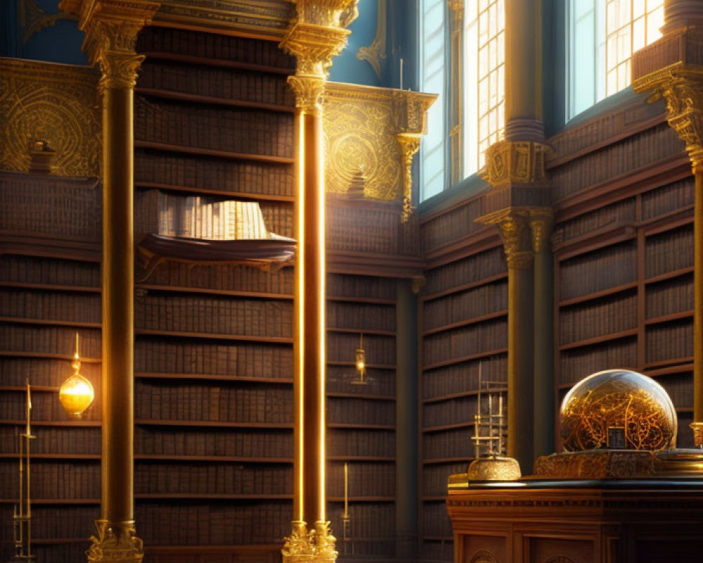 Classical library with golden shelves and globe in sunlight