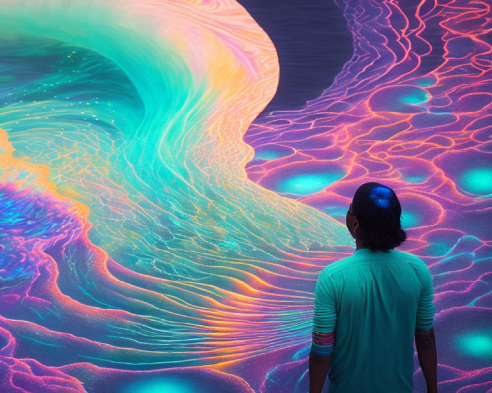 Teal-shirted person views neon digital art wave
