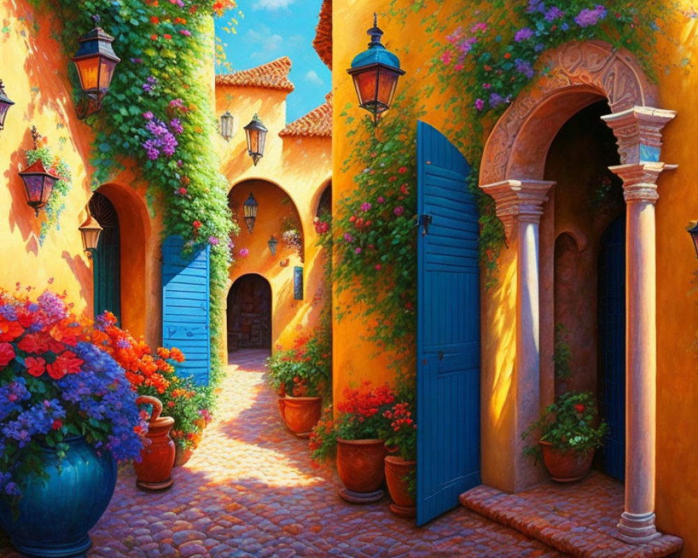 Colorful cobblestone alley with blue doors, greenery, and flowers under clear sky