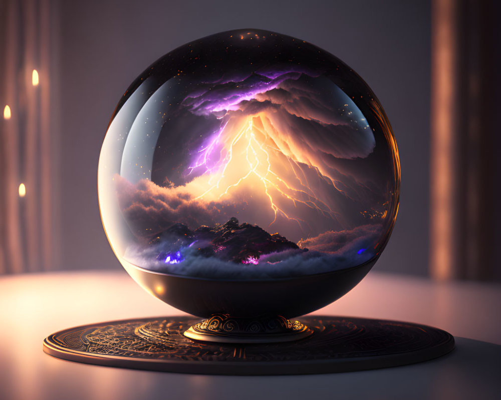 Crystal ball on stand shows vivid storm with lightning in warm room