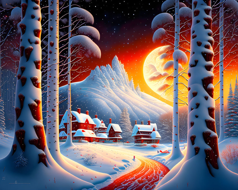 Winter Dusk: Snowy Scene with Moon, Trees, Mountains, and Cozy Houses