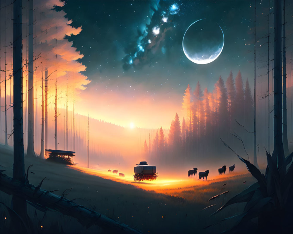 Tranquil forest dusk scene with wagon, cattle, and starry sky