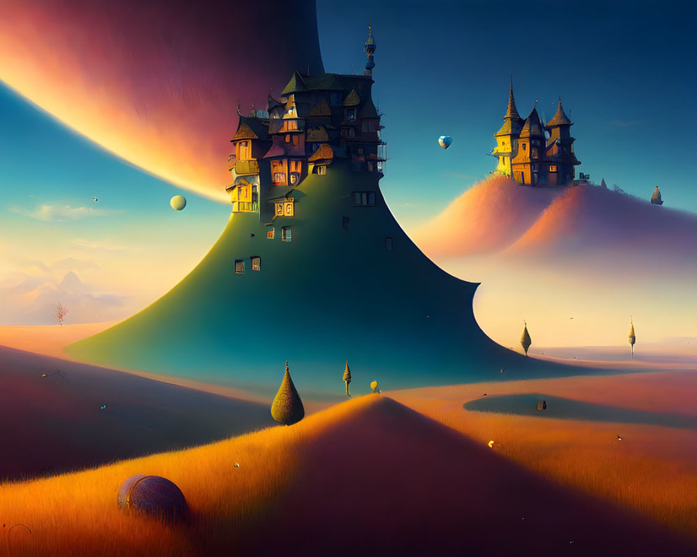 Surreal landscape with castles, hills, hot air balloons, and twilight sky.