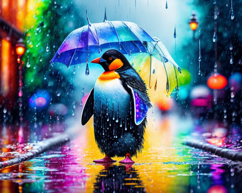 Colorful Penguin with Multicolored Umbrella Walking in Rainy City