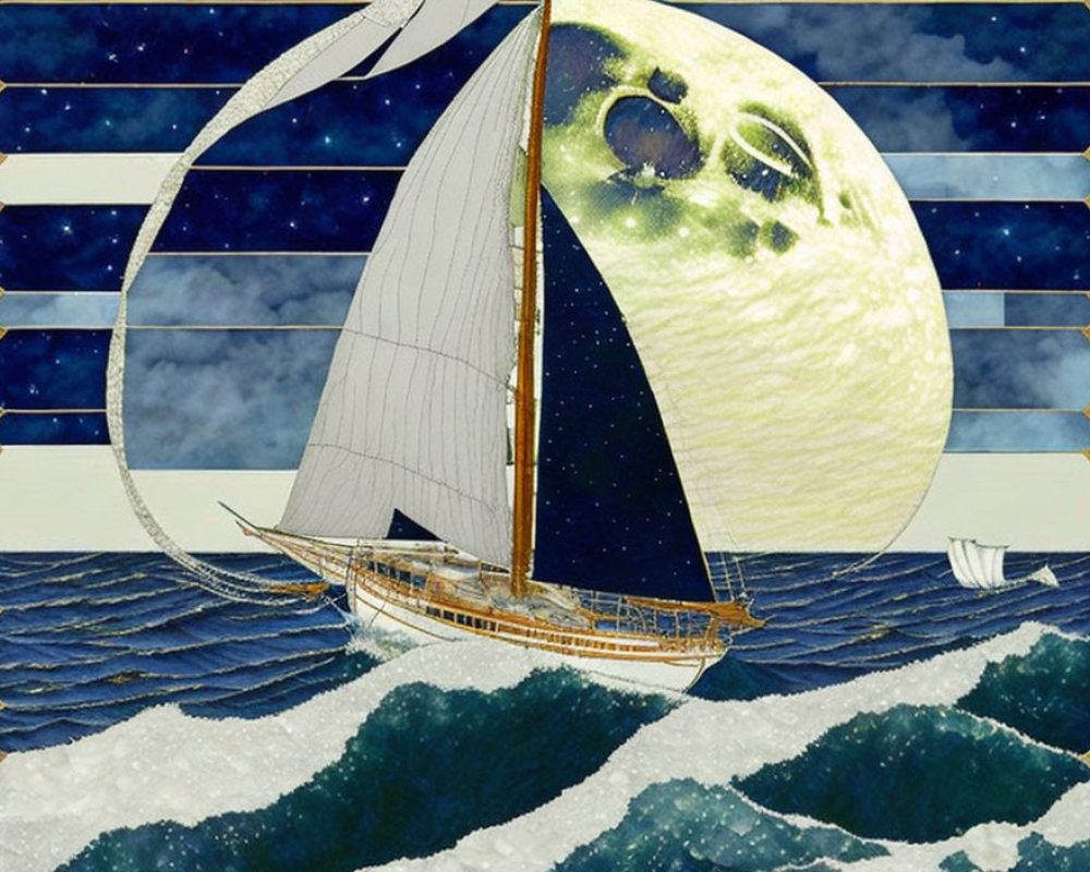 Surreal collage of yacht on choppy sea waves with cosmic backdrop