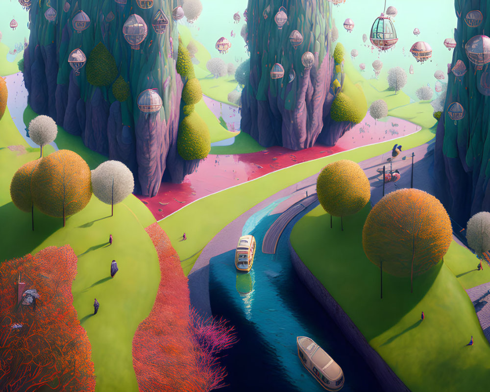 Colorful Trees, River Boats, Floating Islands, and Lush Hills in Whimsical Landscape