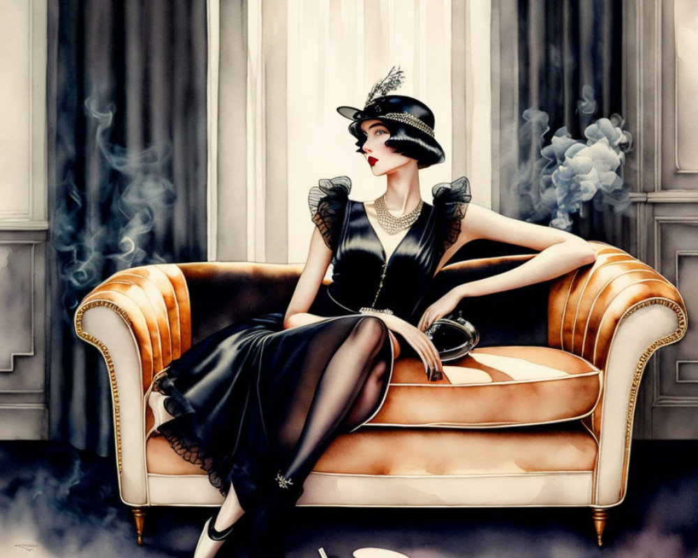 1920s Fashion: Elegant Woman on Plush Sofa with Smoky Ambiance
