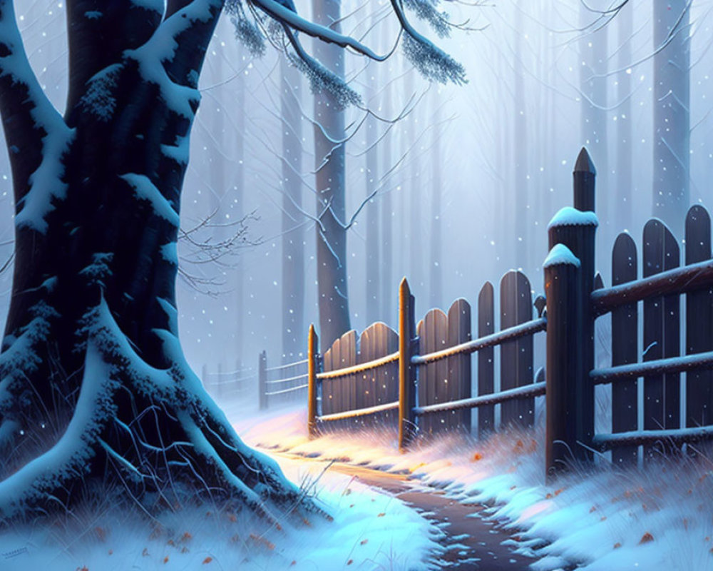 Snow-covered trees, wooden fence, lit path in serene winter twilight