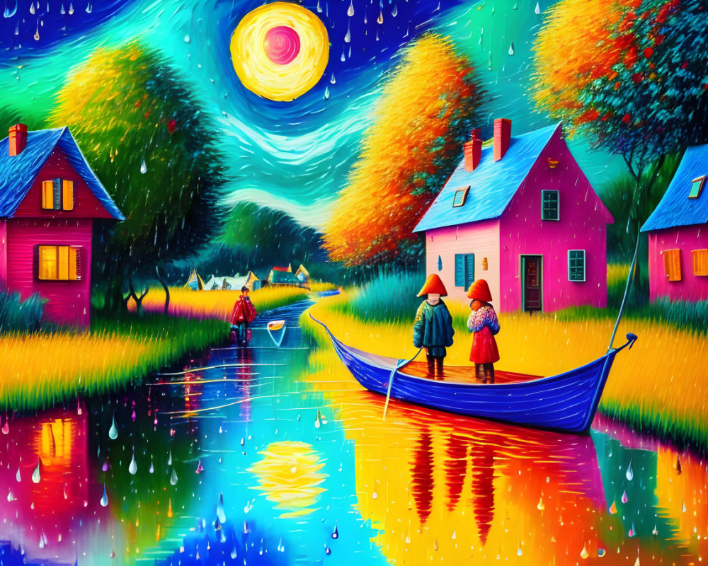 Colorful Van Gogh-inspired painting: Two figures in blue boat, vibrant houses, swirling starry