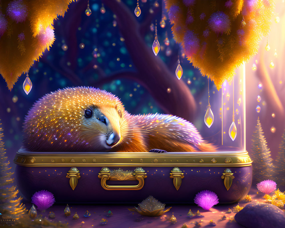 Glowing oversized weasel-like creature in ornate suitcase in magical forest