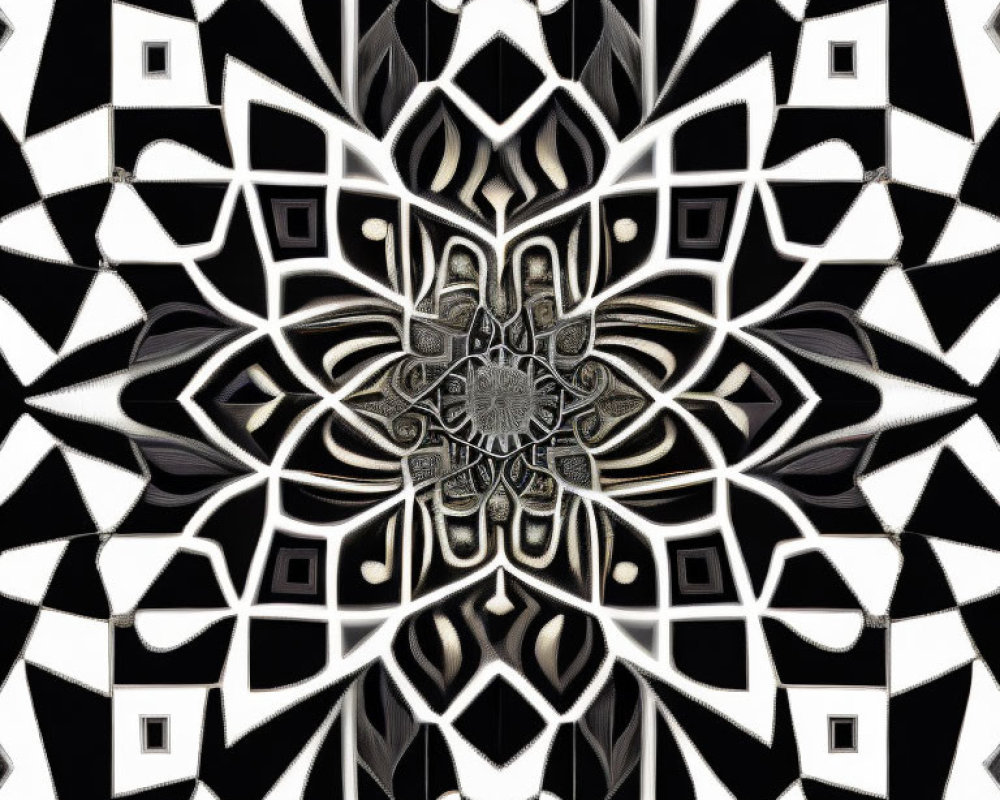 Detailed Black & White Mandala-Inspired Kaleidoscopic Pattern