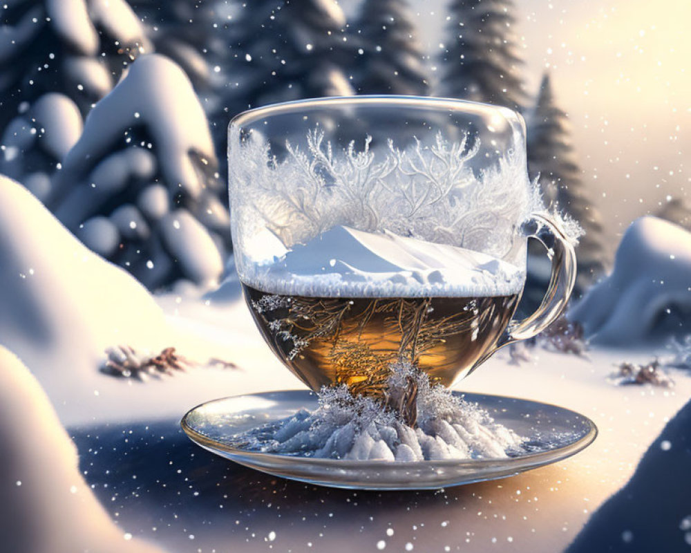 Transparent Cup of Tea with Winter Scene and Snowy Pines on Snowy Surface
