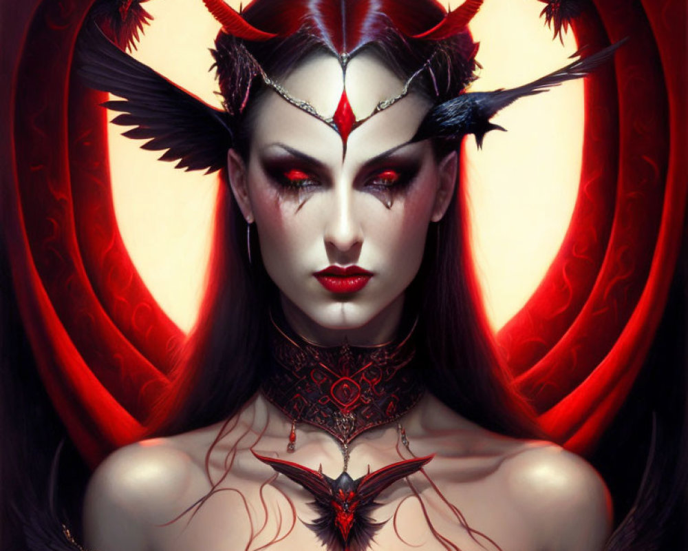 Dark Fantasy Artwork: Woman with Demonic Features, Dark Wings, Horns, Red & Black