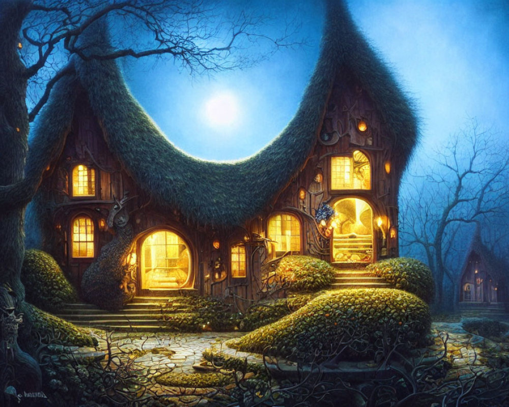 Thatched Cottage in Mystical Forest Under Moonlit Sky