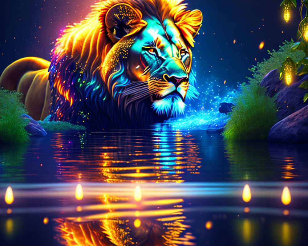 Neon-painted lion with starry night background and floating candles