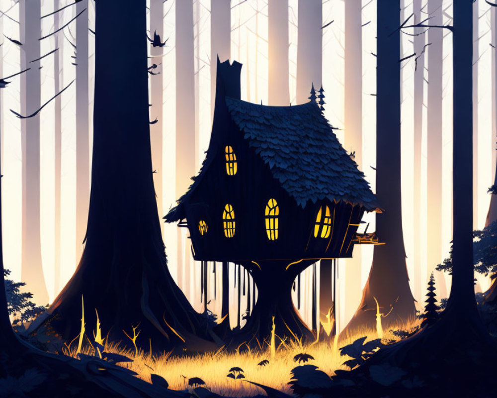 Whimsical house in tree with light in magical forest
