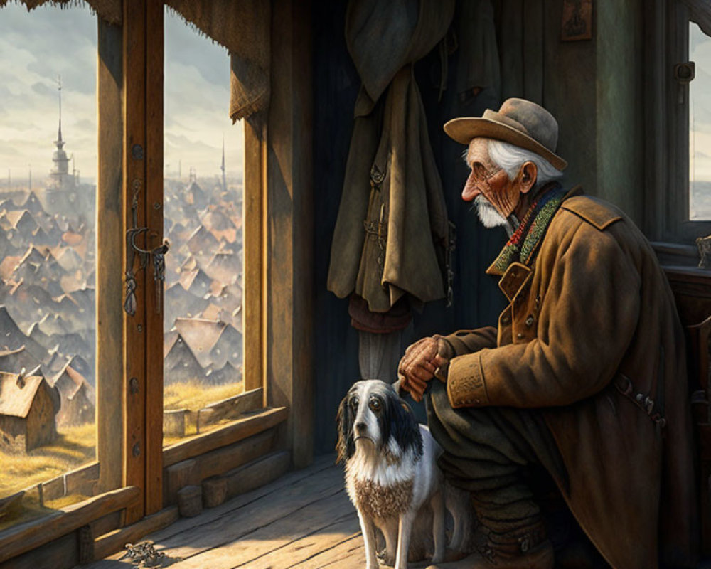 Elderly man with dog in rustic cabin gazes at village scenery