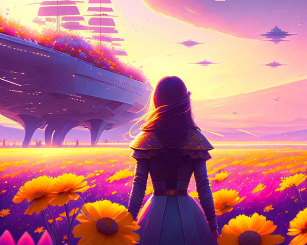 Woman in Yellow Flower Field Observing Futuristic Ship in Purple-Pink Sky