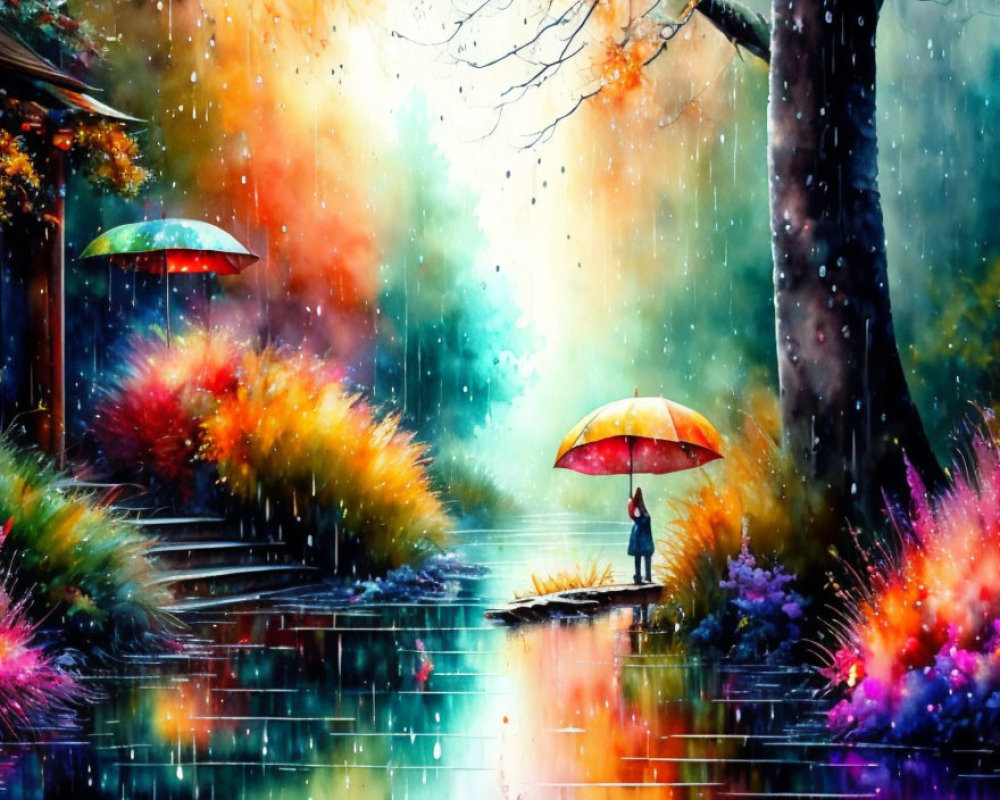 Colorful painting: Person with yellow umbrella in vibrant, rainy street