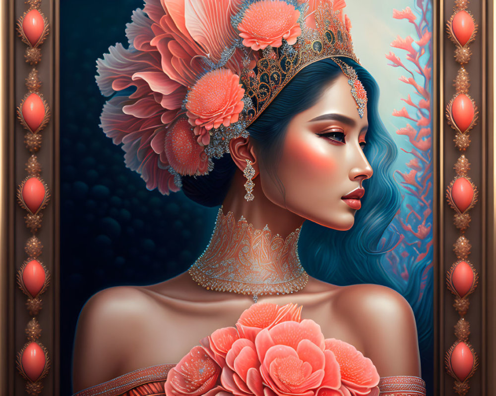 Illustrated portrait of woman with blue hair, golden crown, pink flowers, intricate jewelry, makeup,