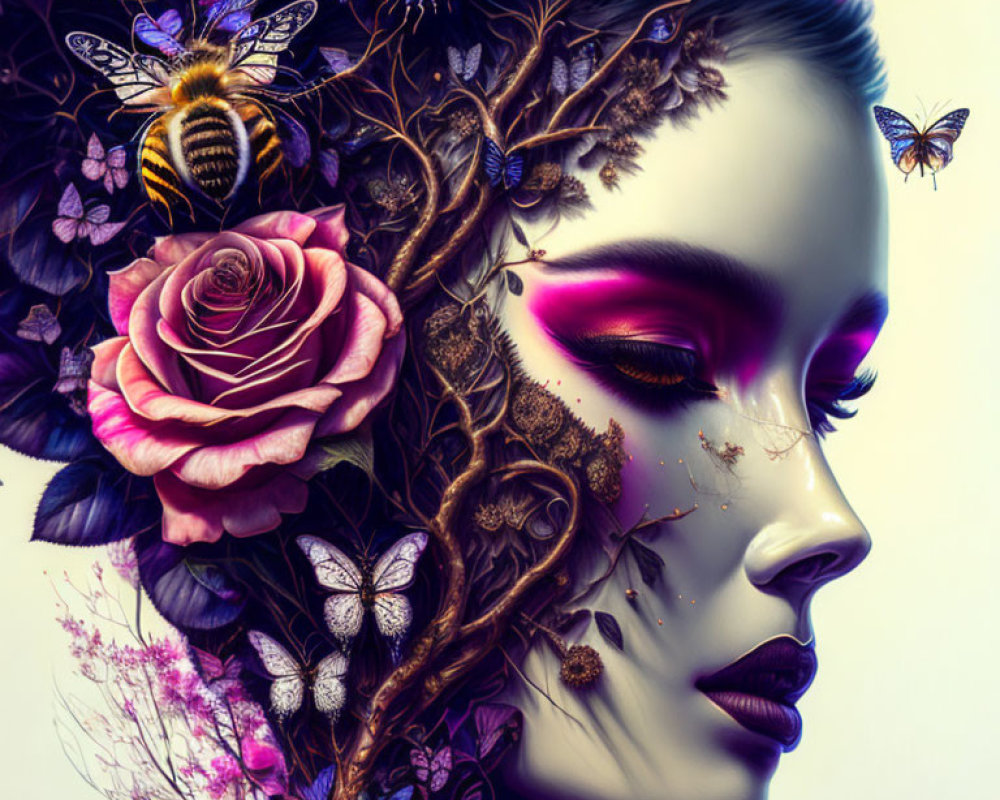 Fantasy-themed digital artwork: Woman's face with floral and fauna motifs