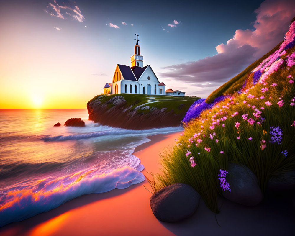 Serene sunset over small cliffside church and colorful flowers