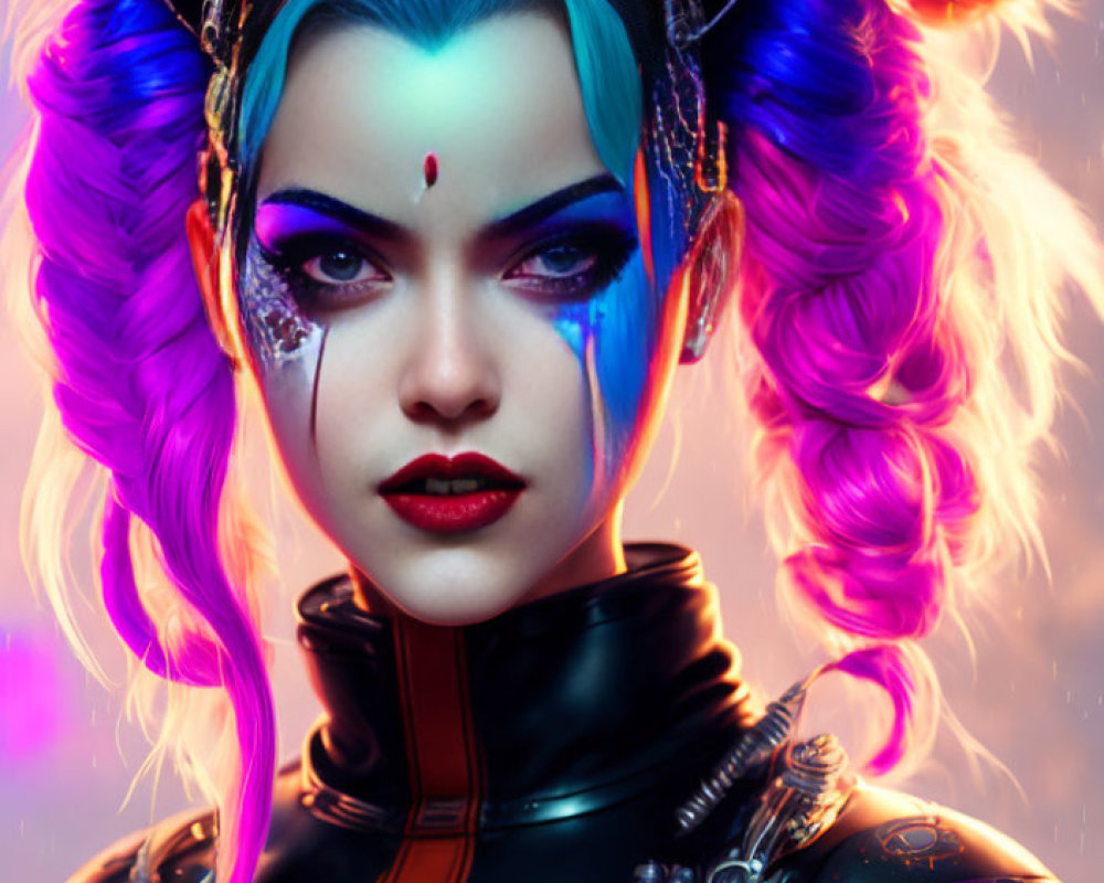 Colorful digital portrait of woman with blue hair and cyberpunk style against neon backdrop