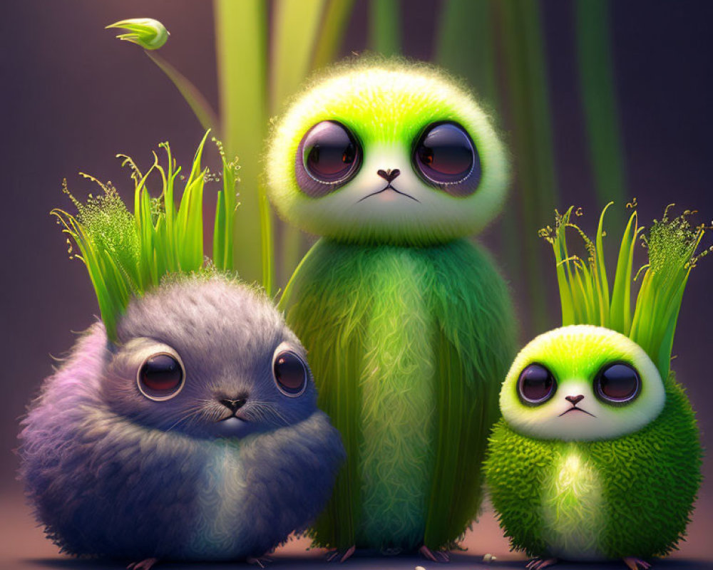 Three fluffy fantasy creatures with expressive eyes in colorful, whimsical scene