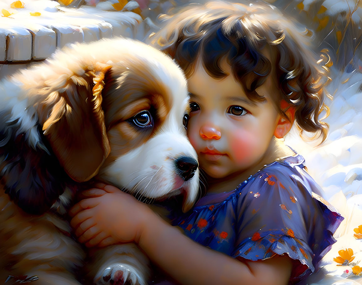 Child and Saint Bernard puppy in tender embrace under dappled sunlight
