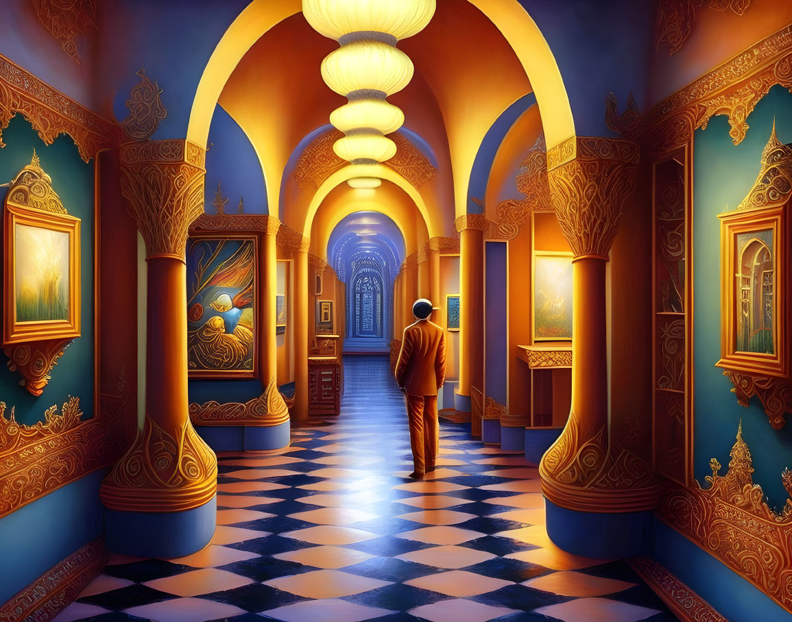 Elegant person in suit in vibrant, ornate hallway with golden frames and hanging lamps
