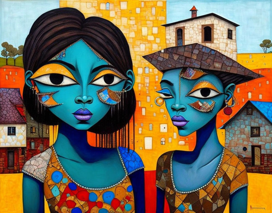 Stylized female figures in vibrant attire against colorful geometric backdrop