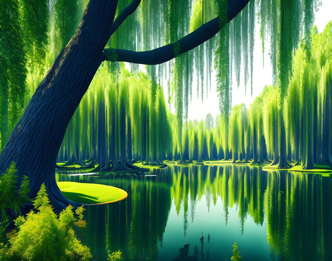 Tranquil landscape with green trees, reflective lake, and lush foliage