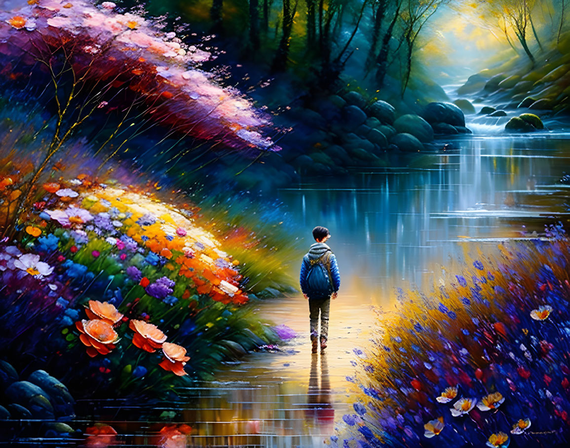 Colorful Stream with Flowers by Mystical Forest Backdrop
