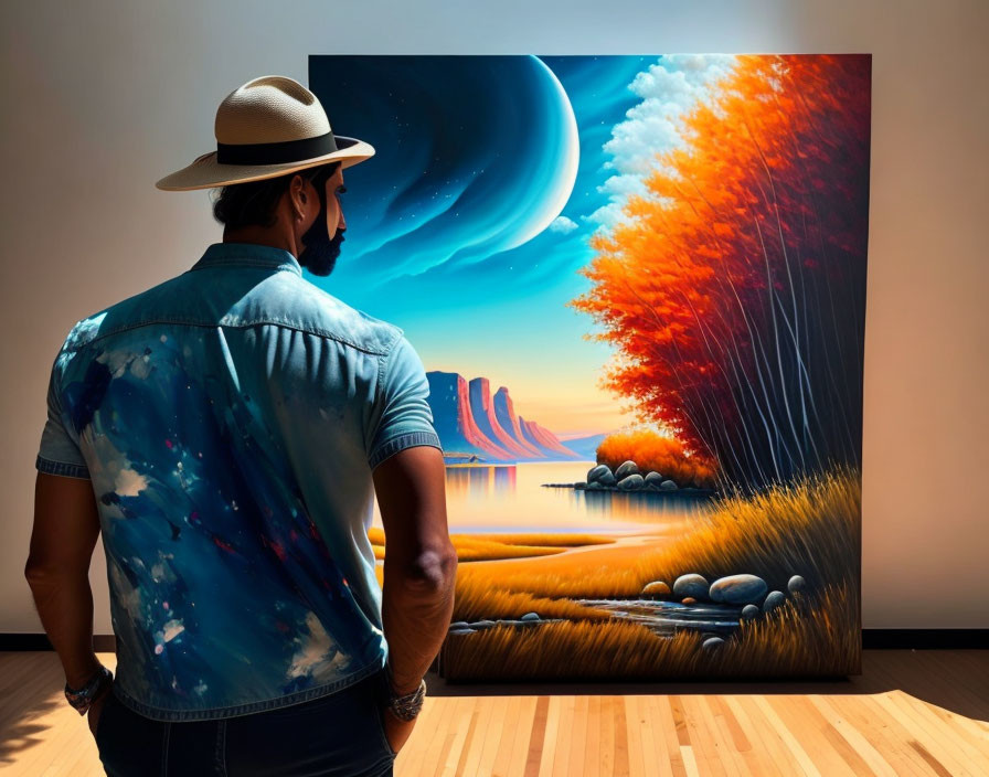 Person in Hat and Denim Jacket Viewing Vibrant Fantasy Landscape Painting