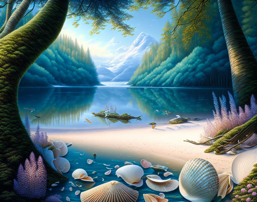 Tranquil lake with seashells, turtle, and mountains.