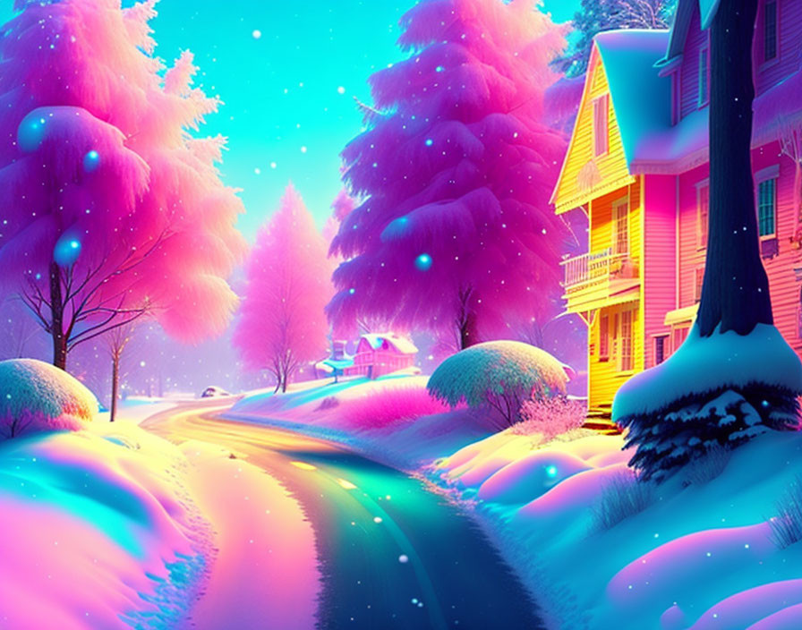 Whimsical winter scene with pink and purple snow-covered trees