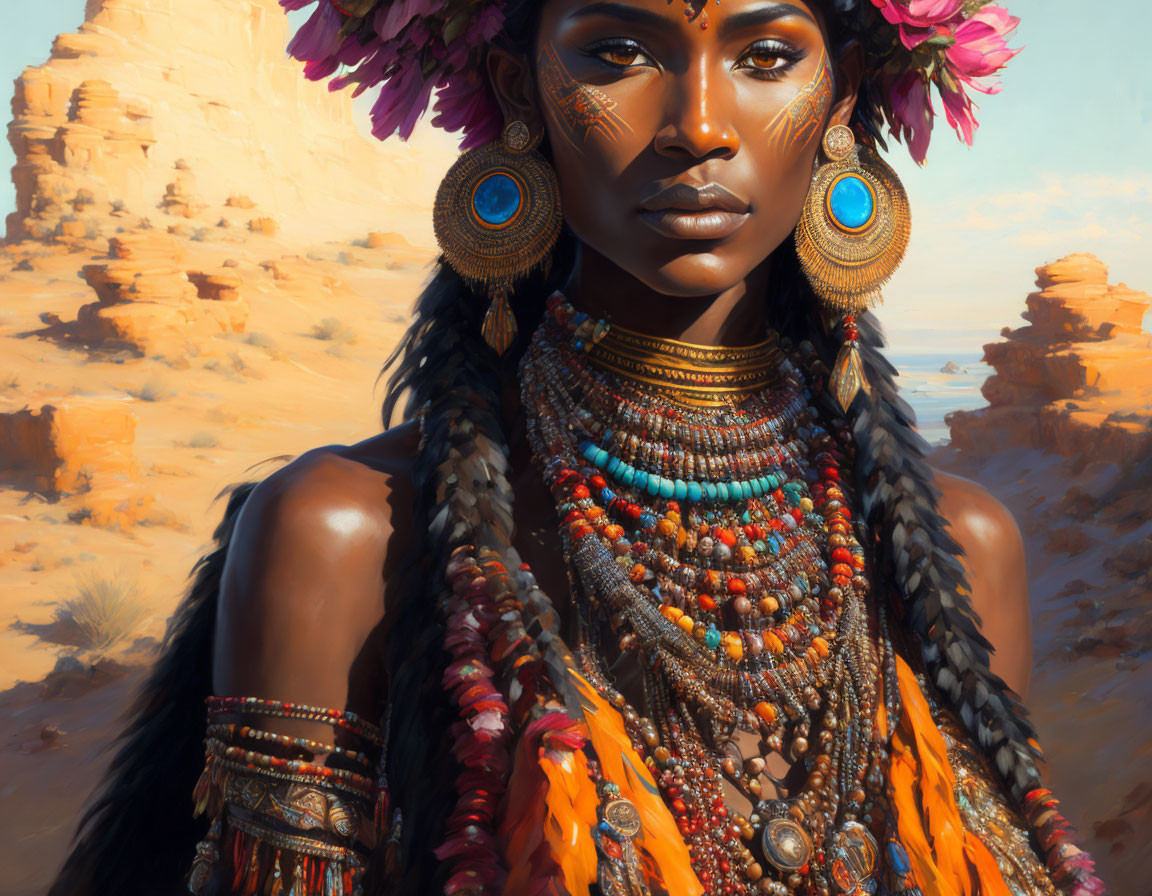Portrait of a woman with tribal jewelry and colorful attire in desert setting