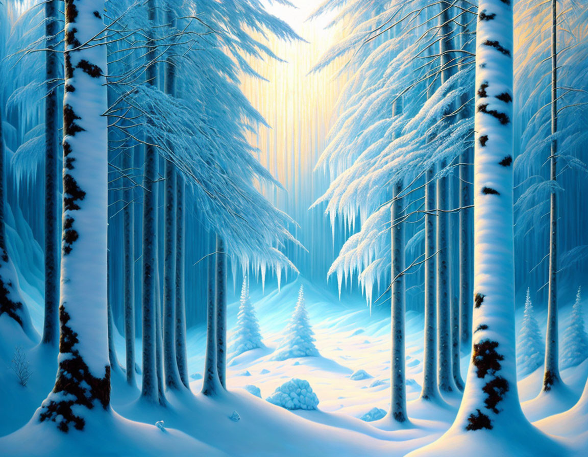 Snow-covered winter forest scene with sunlight glow