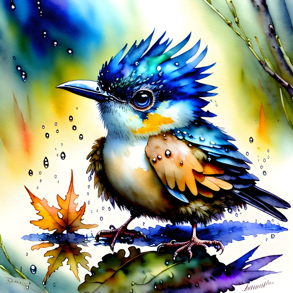 Colorful Watercolor Painting of Small Bird with Raindrops and Leaves