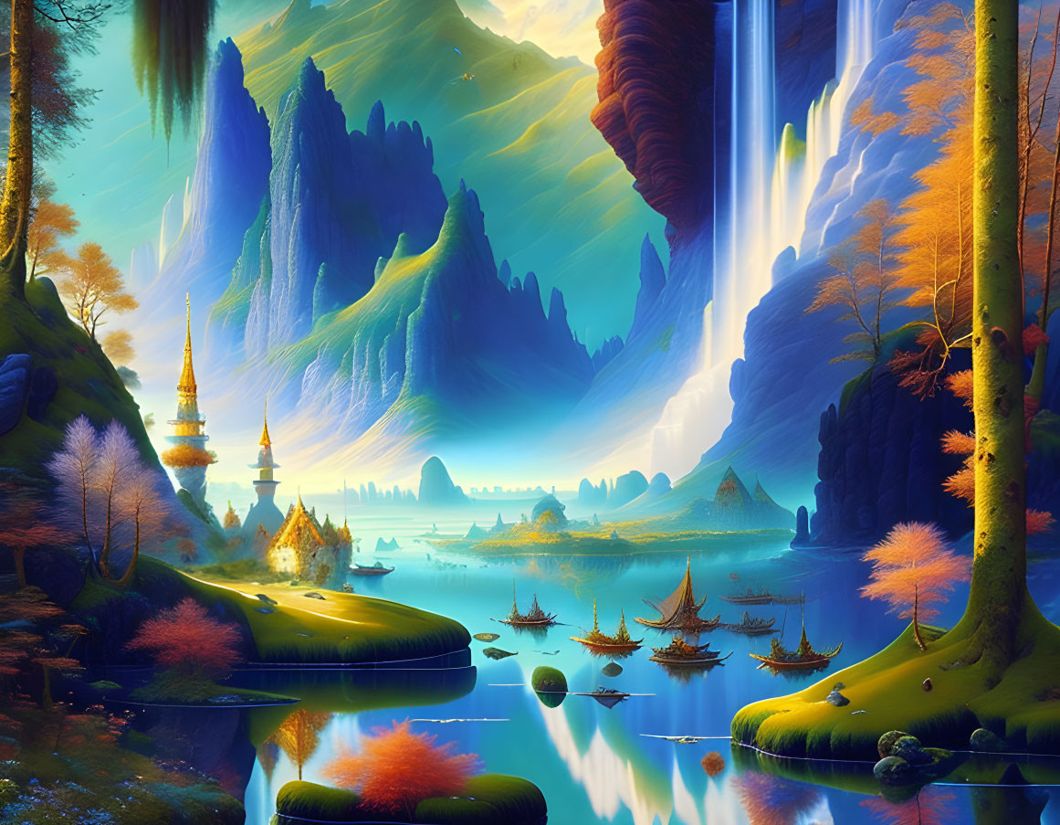 Vivid fantasy landscape with blue waterfalls, cliffs, autumn foliage, floating islands, and distant cast