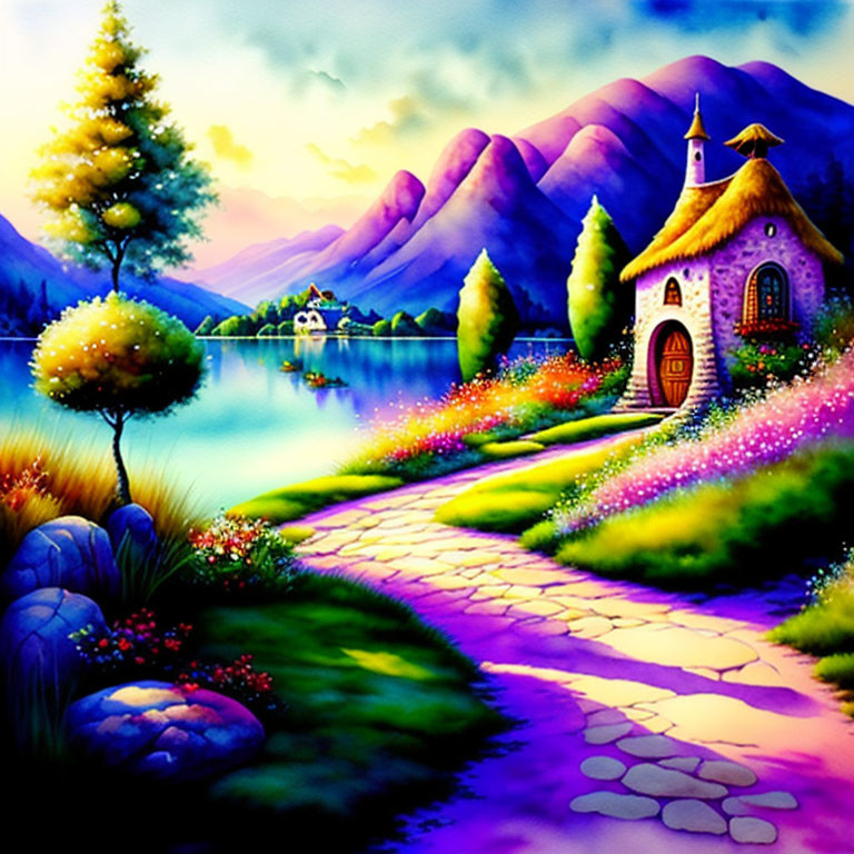 Colorful fantasy landscape with stone house, flora, pathway, mountains at twilight