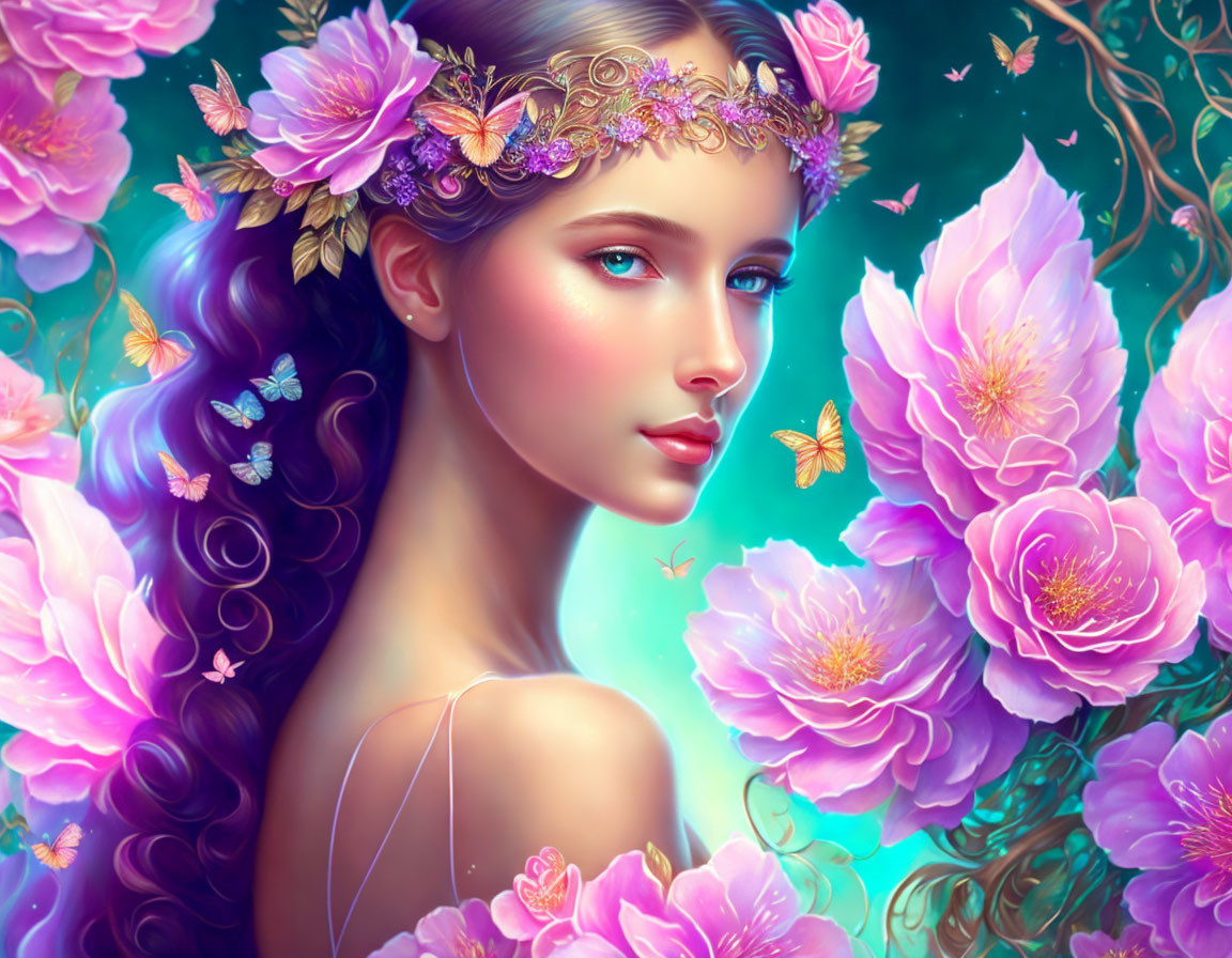 Digital portrait: Woman with floral headband, pink flowers, butterflies on teal backdrop
