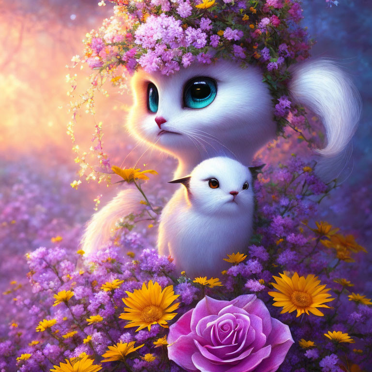Whimsical white cat with flower crown and chick in vibrant floral scene